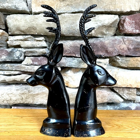 Accents Vtg Bronze Deer Elk Bookends Metal Brass Black India Lodge
